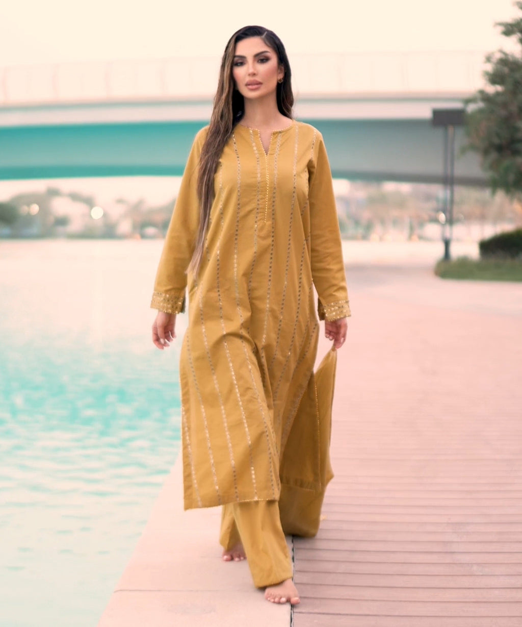 Women's RTW Multineps Embroidered Mustard A-Line Shirt