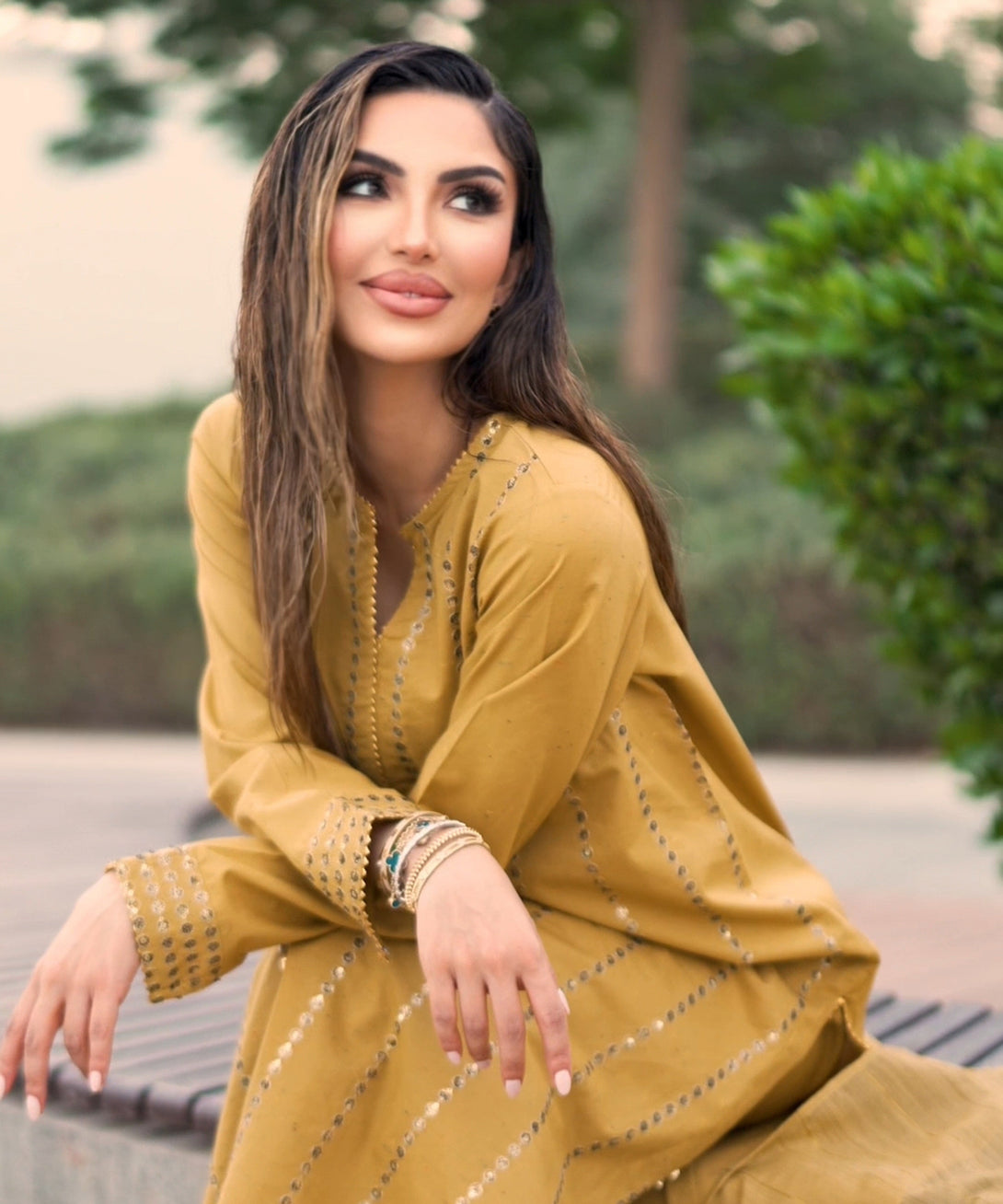 Women's RTW Multineps Embroidered Mustard A-Line Shirt