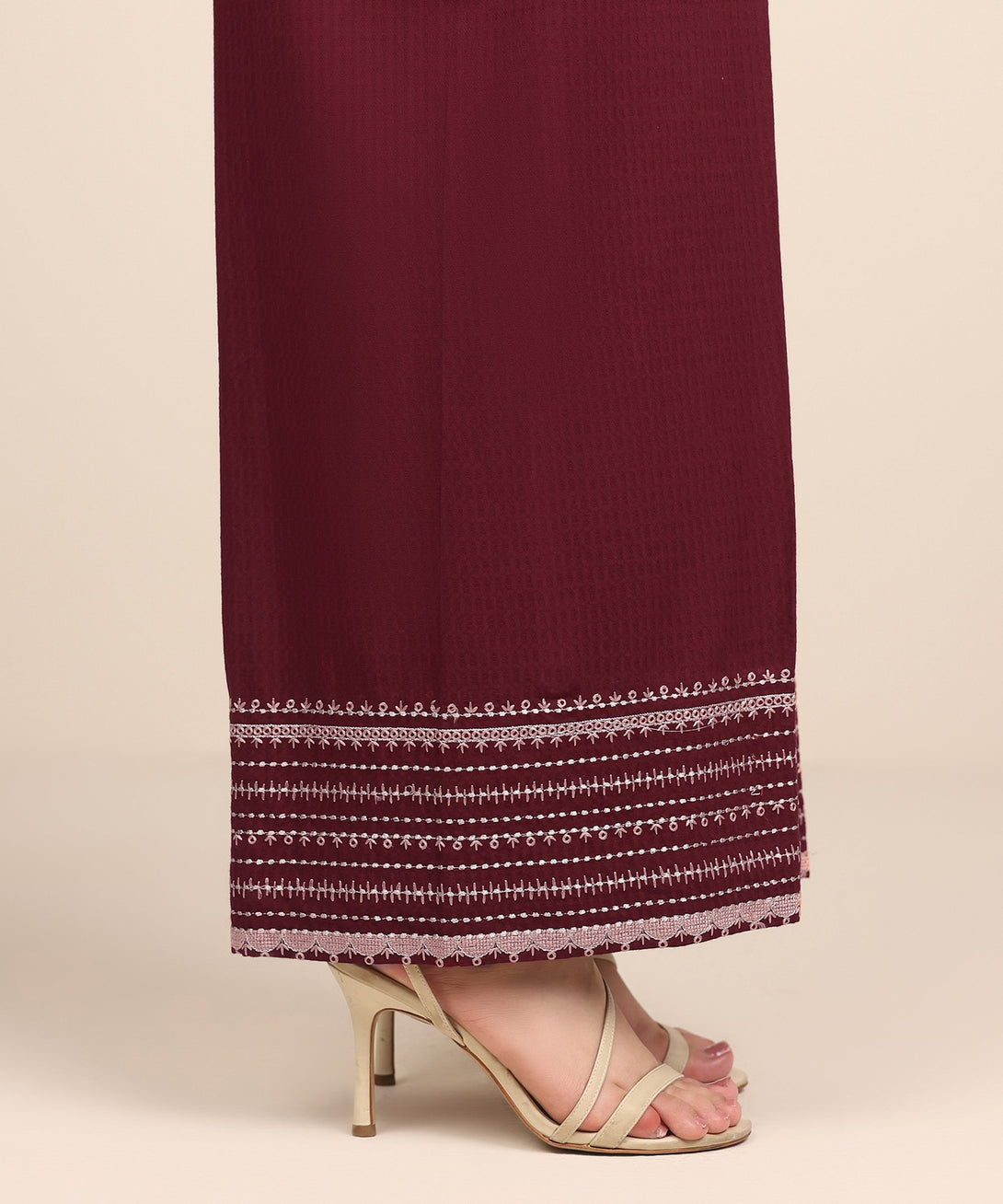 Women's RTW Textured Cotton Red Embroidered Culottes