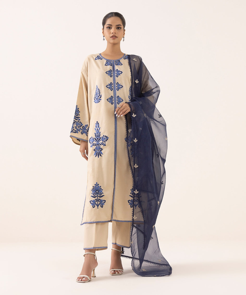 Blended Organza Blue Embroidered Dupatta
