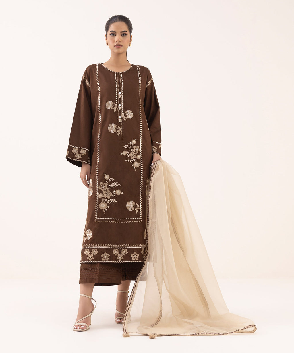 Blended Organza Beige Embroidered Dupatta