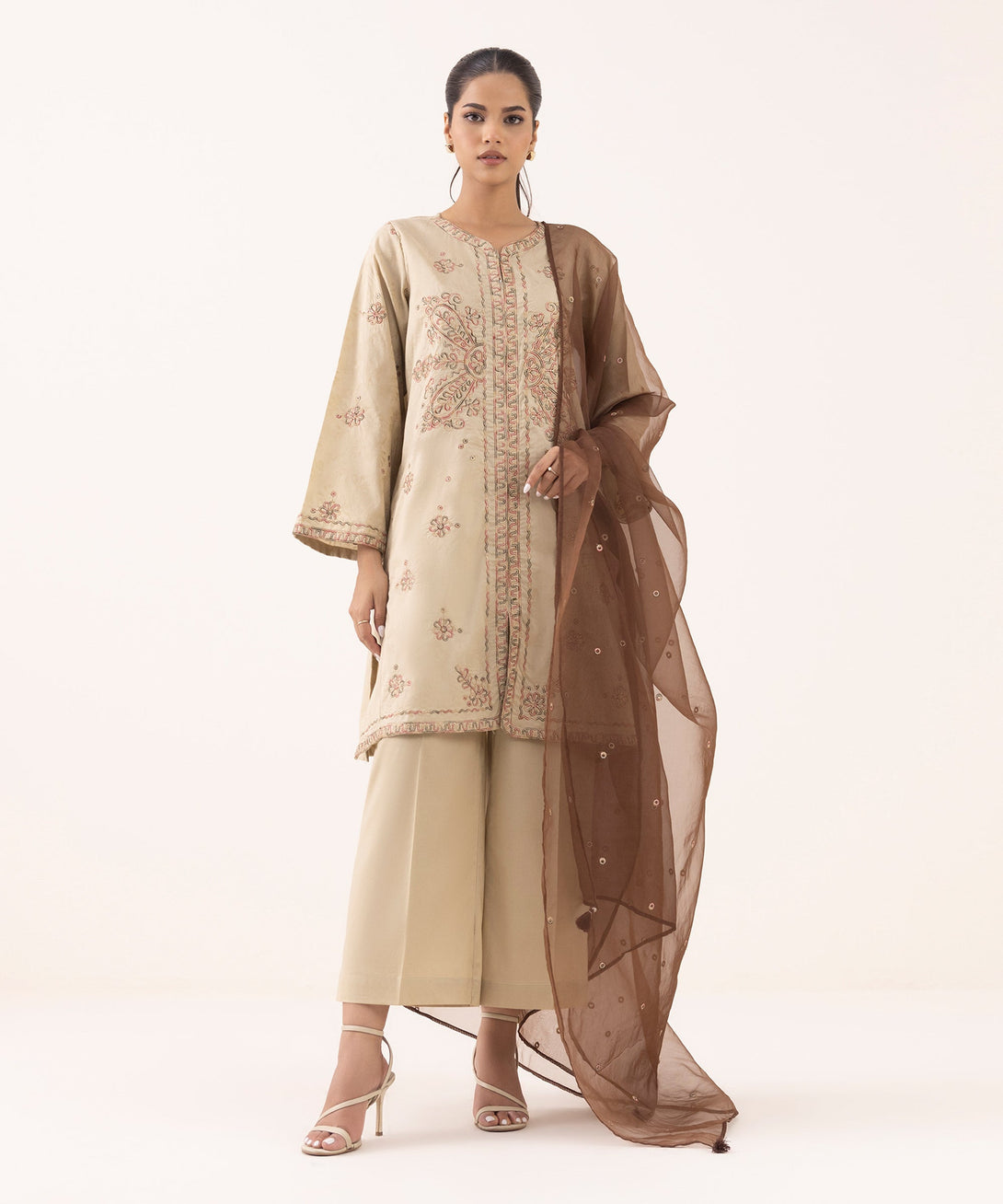 Blended Organza Brown Embroidered Dupatta