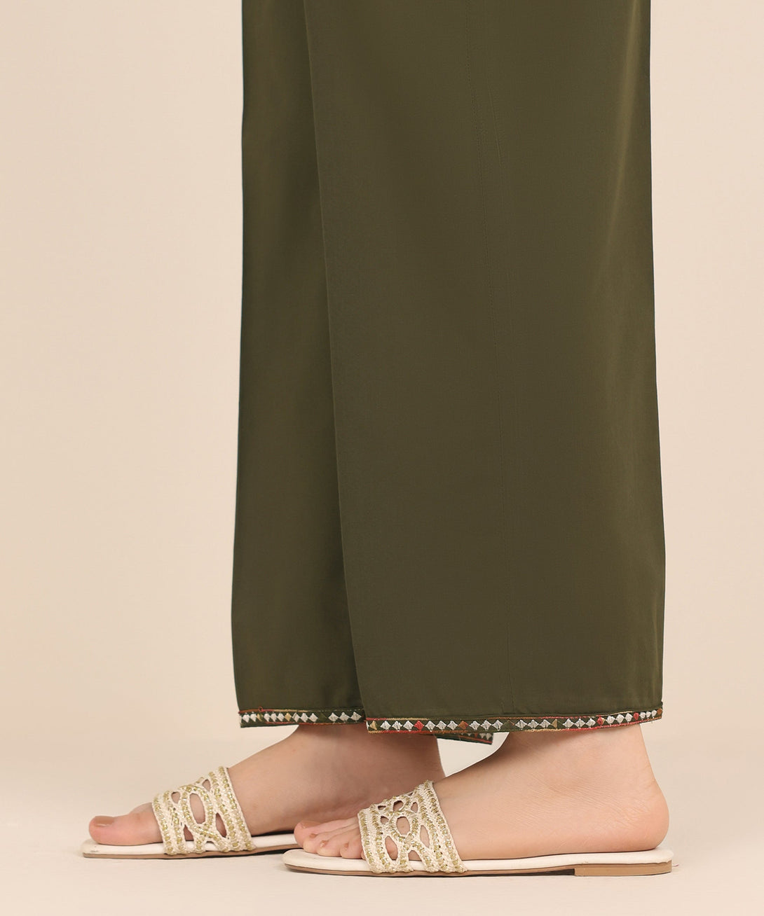 Women's RTW Cambric Green Embroidered Straight Pants