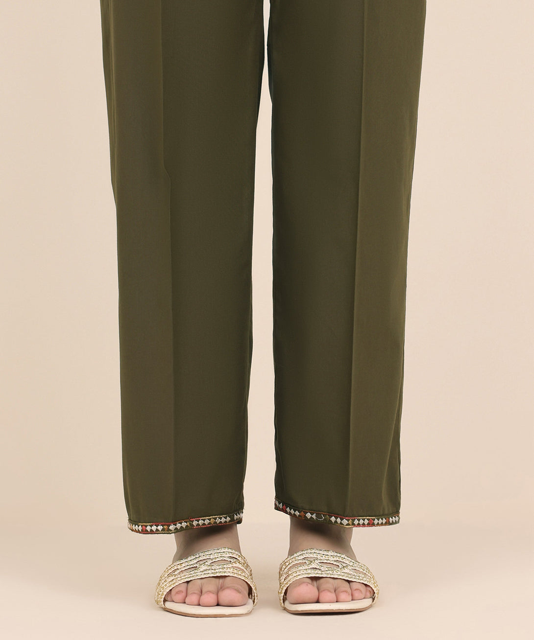 Women's RTW Cambric Green Embroidered Straight Pants