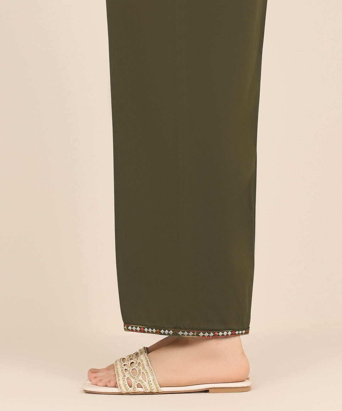 Women's RTW Cambric Green Embroidered Straight Pants