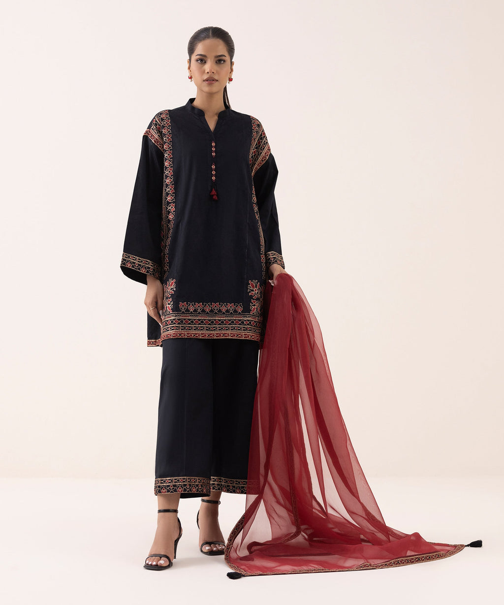 Blended Organza Red Embroidered Dupatta