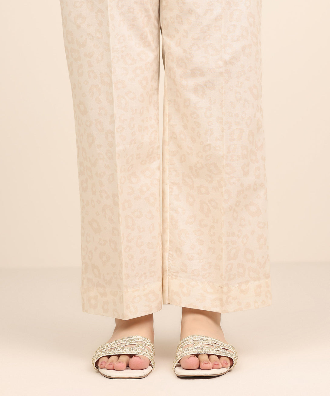 Women's RTW Cambric Beige Printed Straight Pants