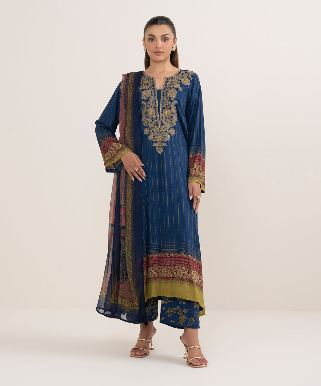 Women's RTW Blended Chiffon Blue Printed  Dupatta