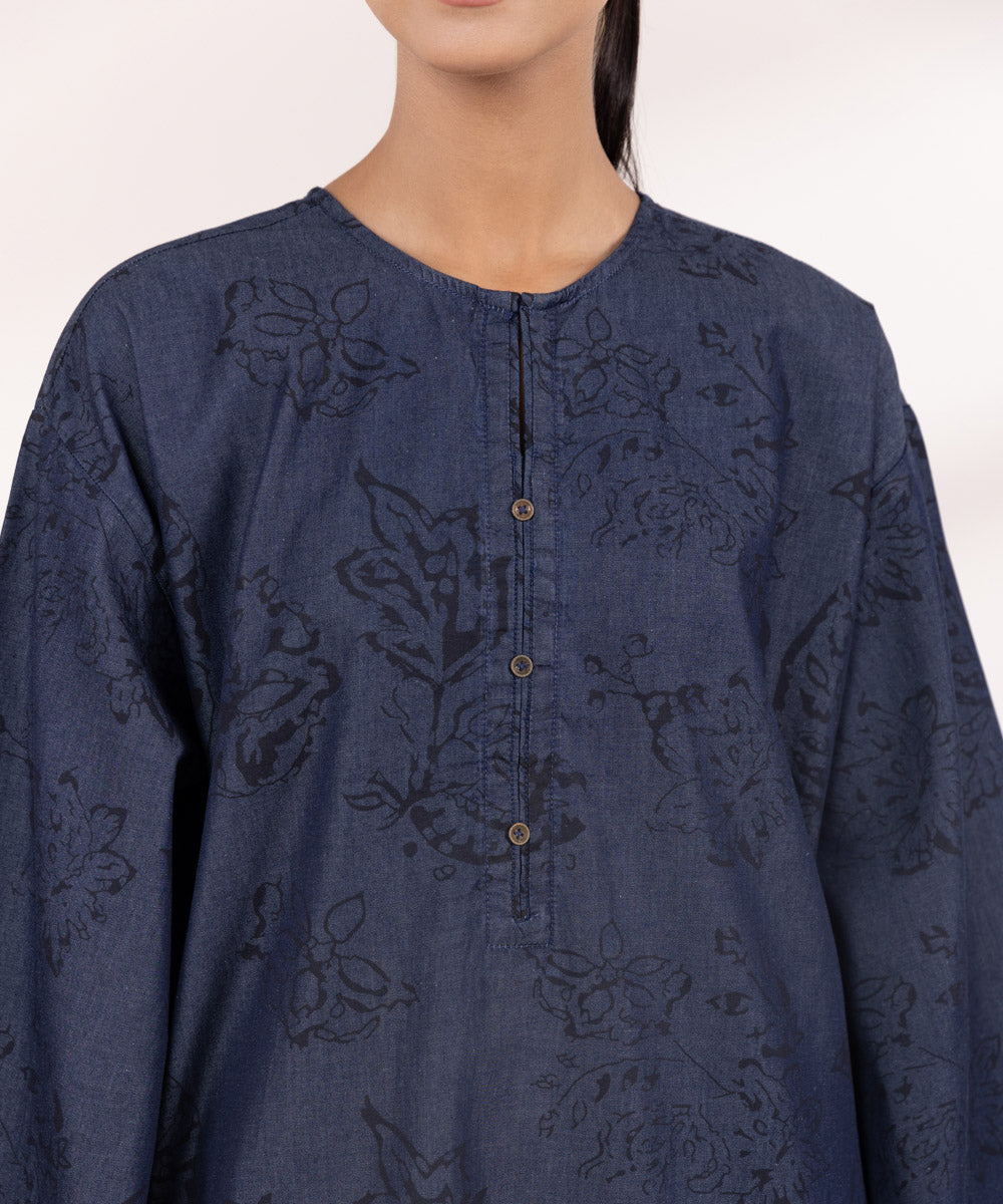 Women's Pret Denim Blue Printed A-Line Shirt