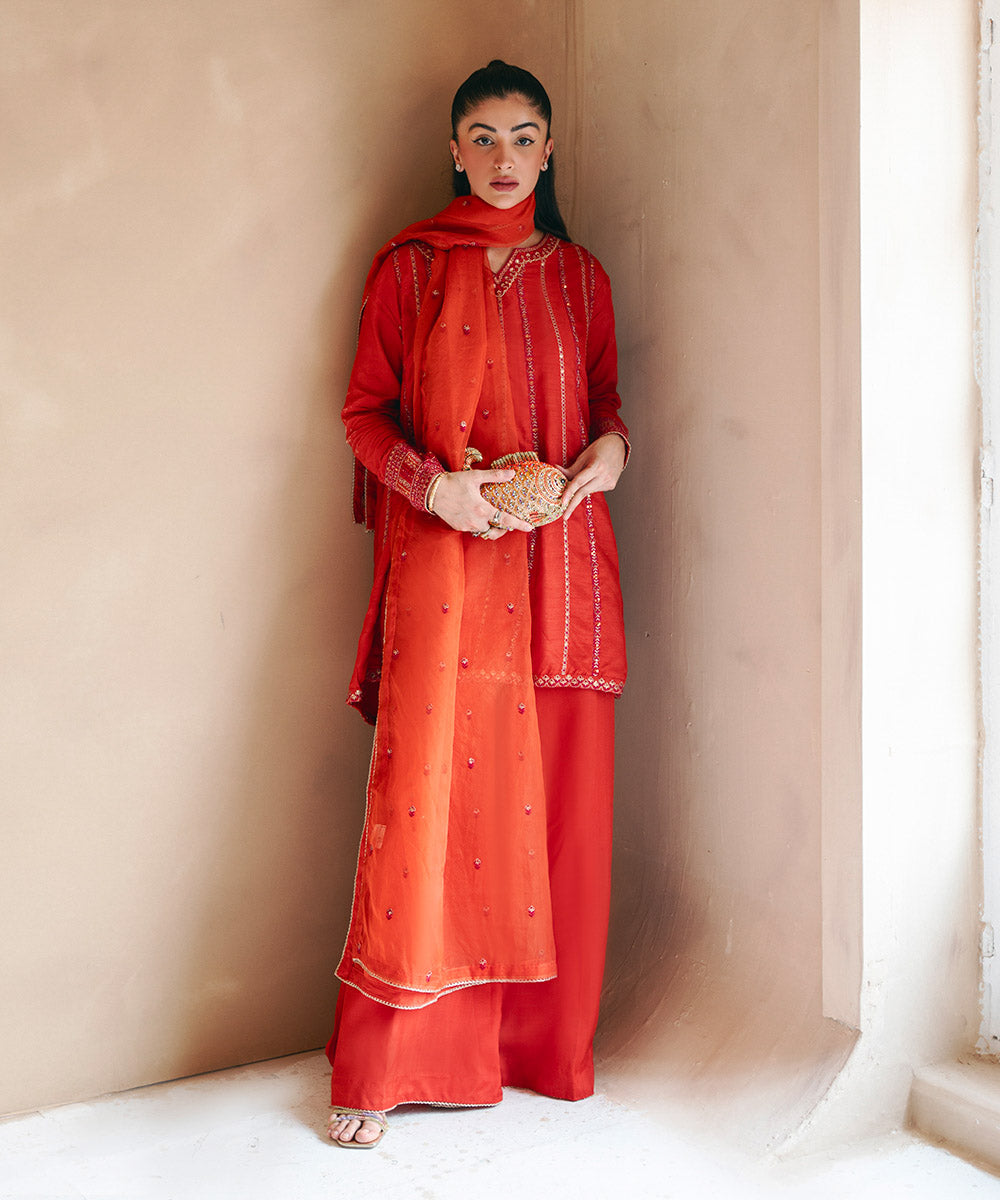 Women's Pret Raw Silk Embroidered Orange 3 Piece Suit