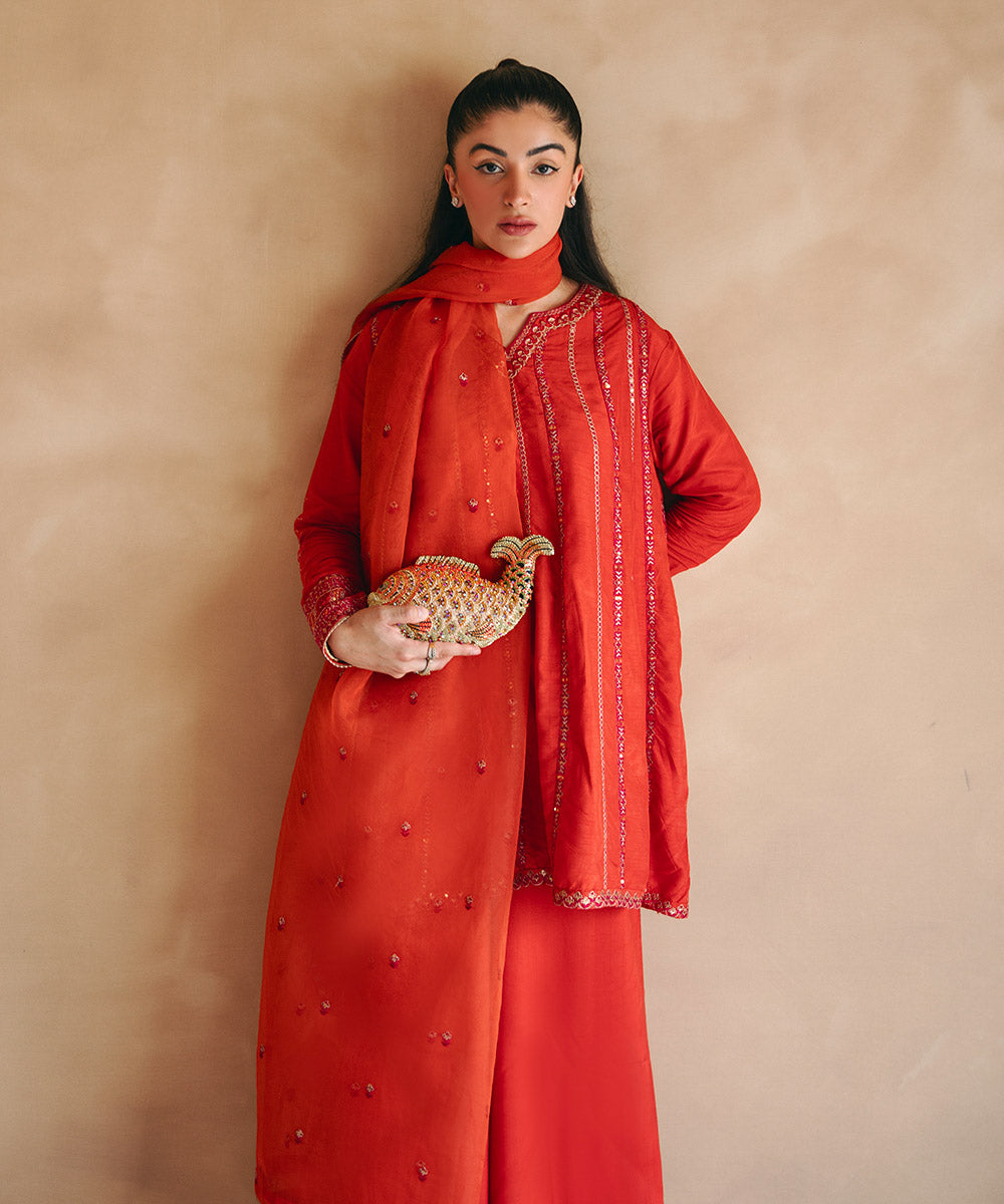 Women's Pret Raw Silk Embroidered Orange 3 Piece Suit