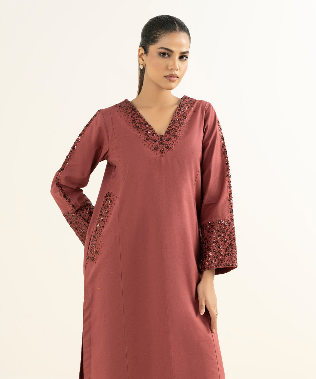 Women's RTW Multineps Embroidered Maroon A-Line Shirt
