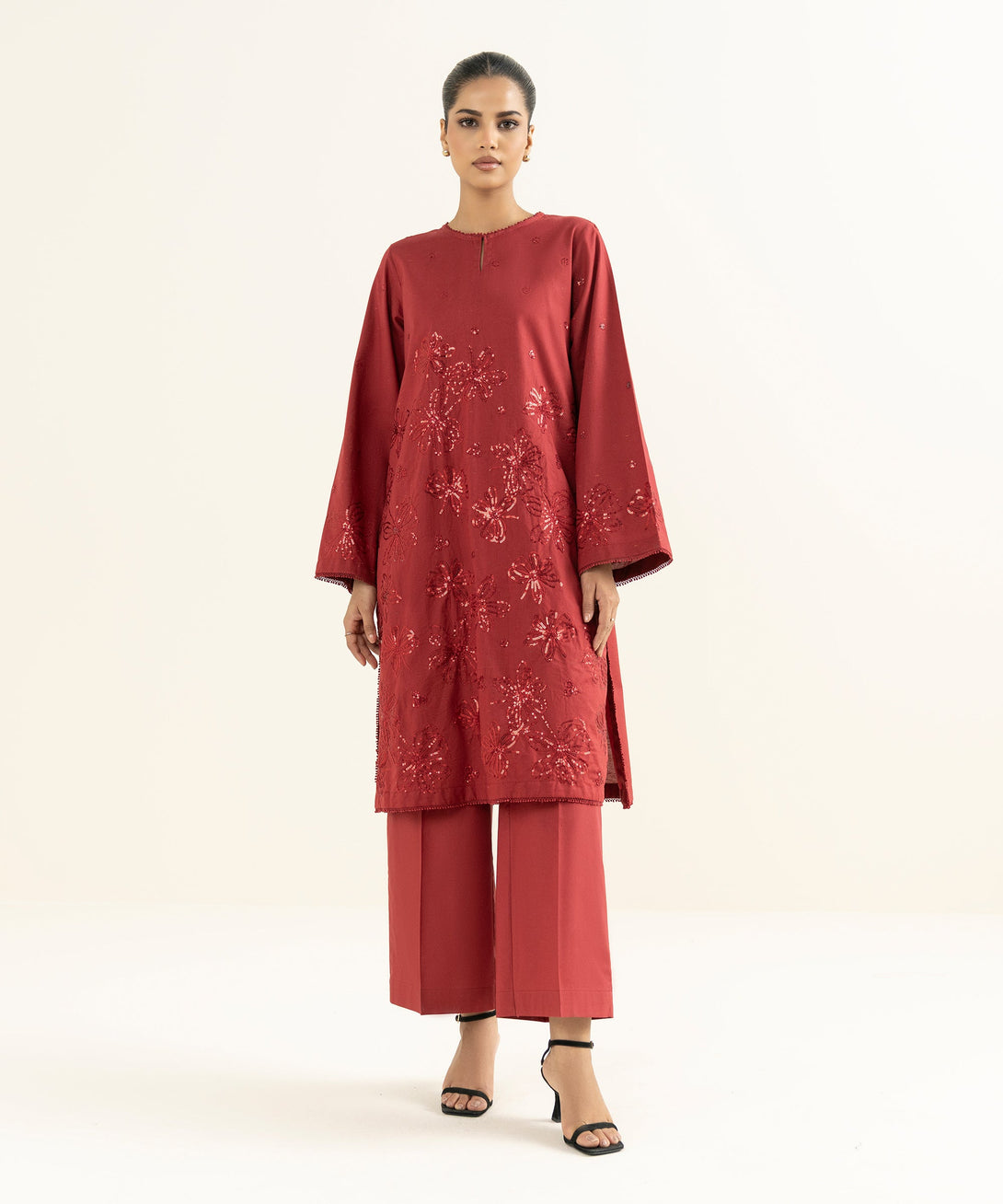 Women's RTW Multineps Embroidered Red Straight Shirt