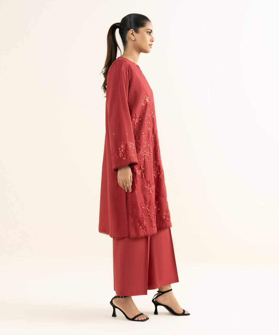 Women's RTW Multineps Embroidered Red Straight Shirt