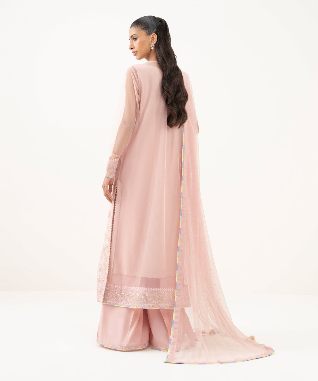 Women's RTW Blended Net Embroidered Pink Three Piece Suit