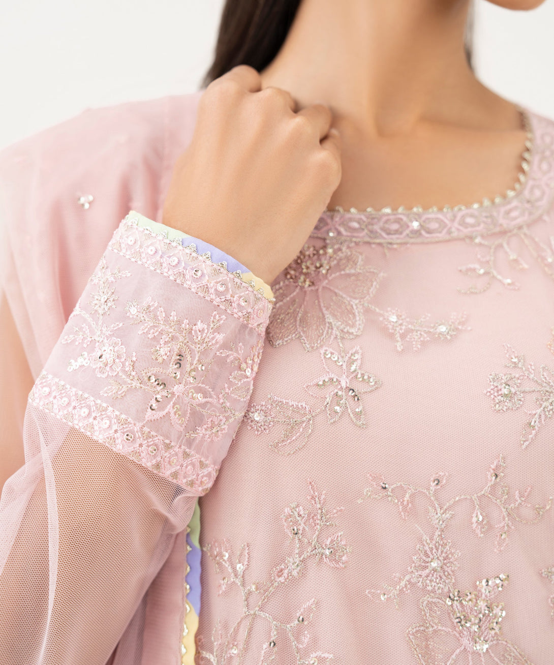 Women's RTW Blended Net Embroidered Pink Three Piece Suit