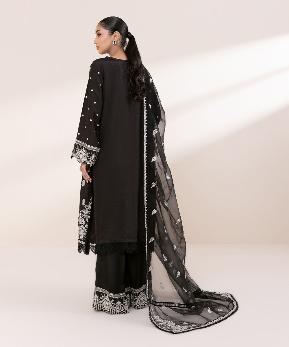 Women's Pret Raw Silk Black Embroidered 3 Piece Suit