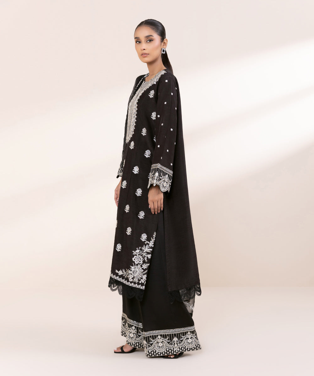 Women's Pret Raw Silk Black Embroidered 3 Piece Suit