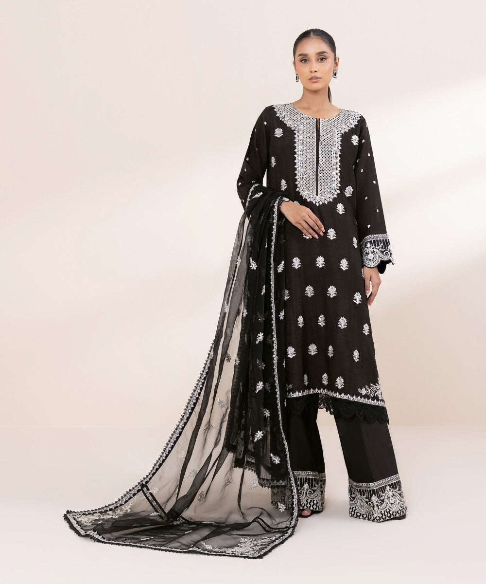 Women's Pret Raw Silk Black Embroidered 3 Piece Suit