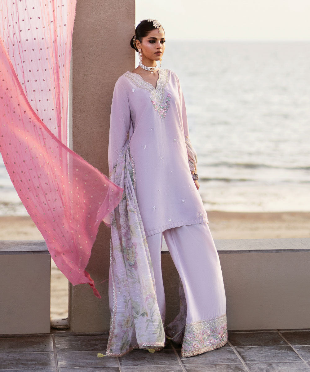 Women's Pret Raw Silk Pink Embroidered Three Piece Suit