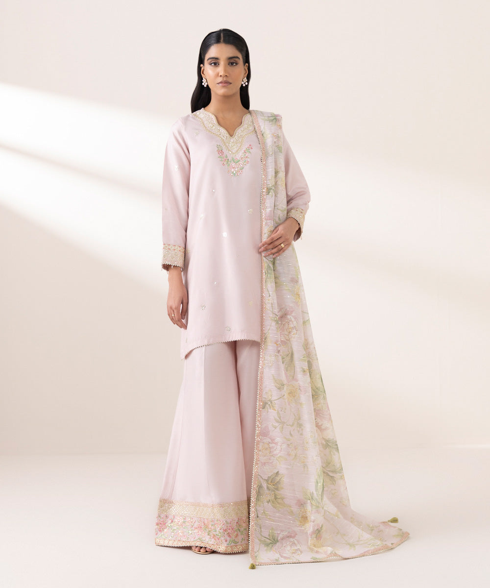 Women's Pret Raw Silk Pink Embroidered Three Piece Suit