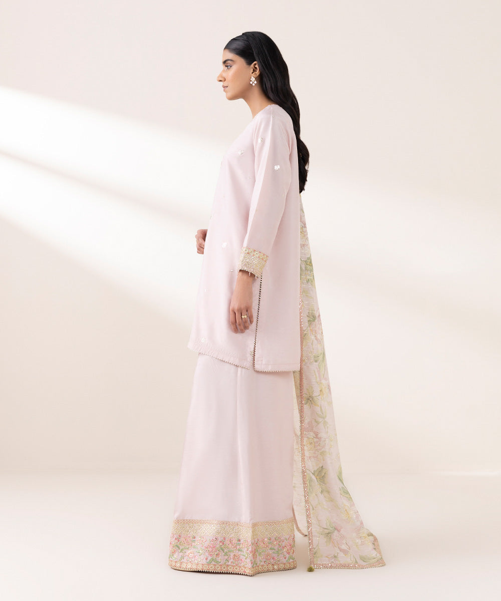 Women's Pret Raw Silk Pink Embroidered Three Piece Suit