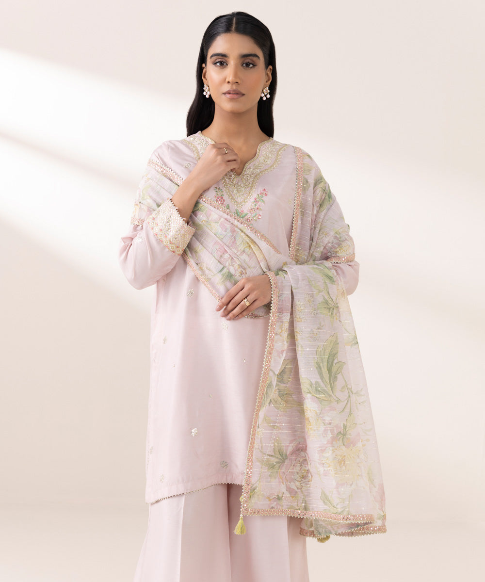 Women's Pret Raw Silk Pink Embroidered Three Piece Suit