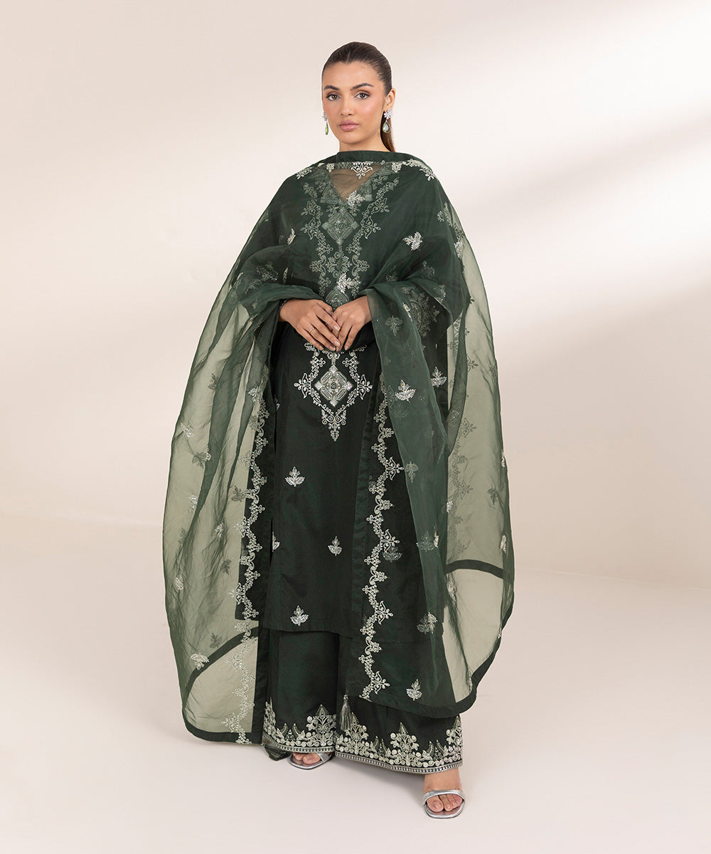 Women's Pret Blended Organza Green Embroidered 3 Piece Suit