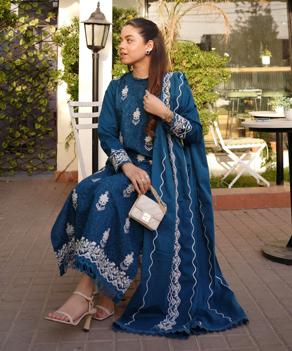 Fine Voile Blue Embroidered Dupatta