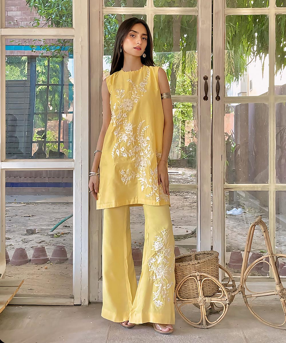 Women's Pret Silk Cotton Net Embroidered Yellow 2 Piece Suit