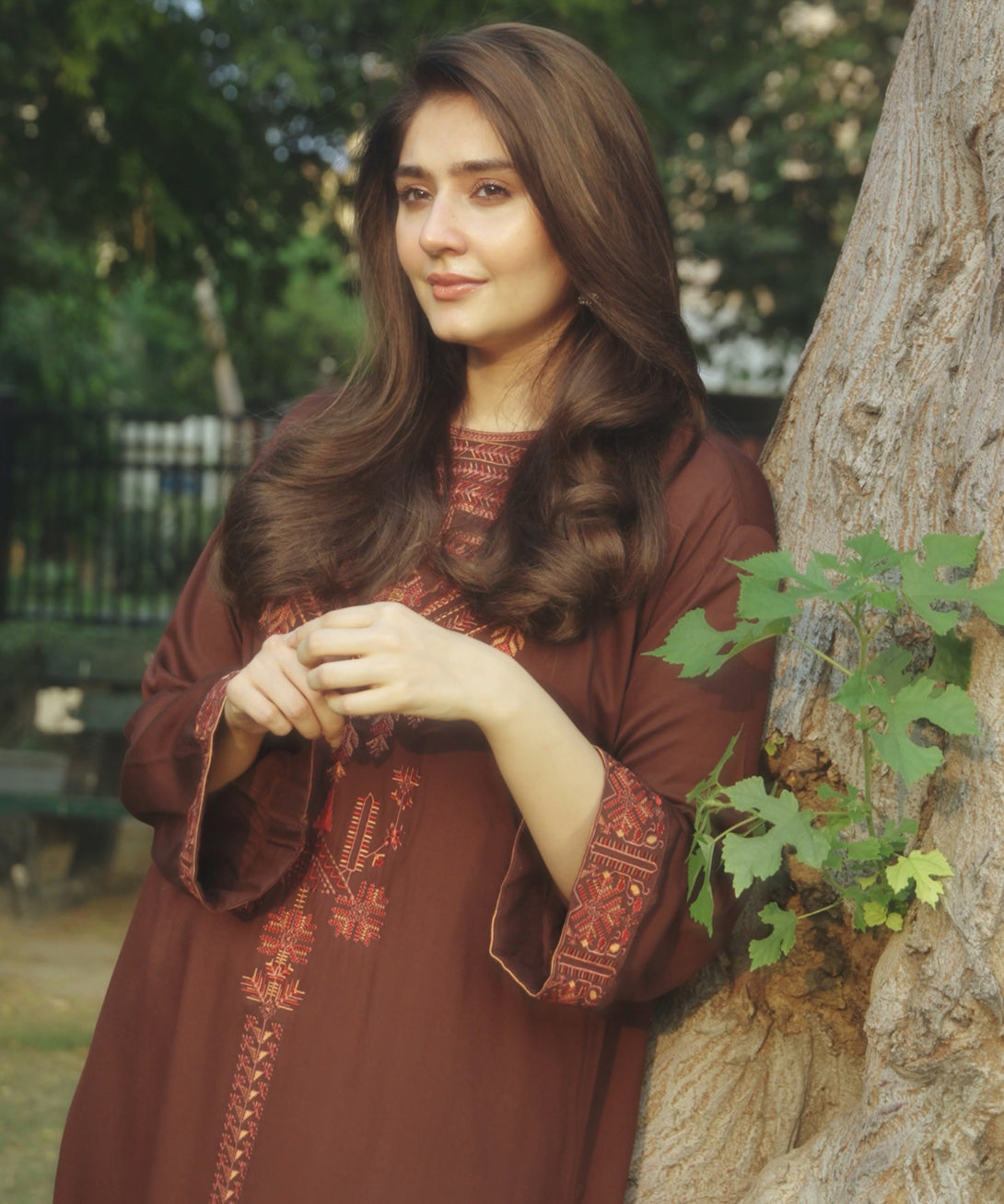 Women's RTW Bedford  Embroidered Brown Drop Shoulder Shirt