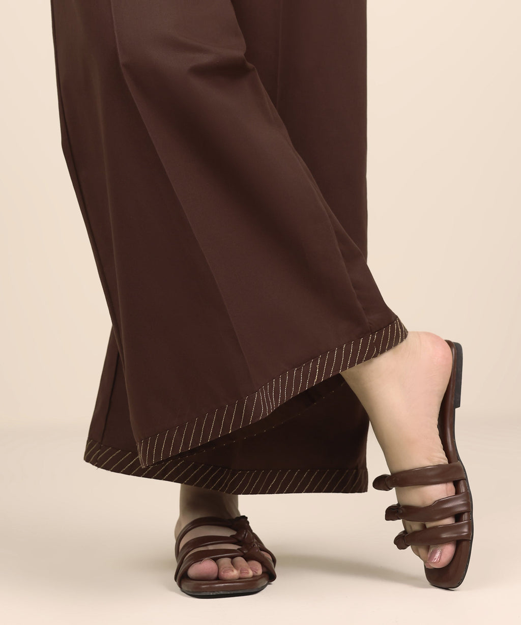 Women's RTW Cambric Brown Solid Flared Pants