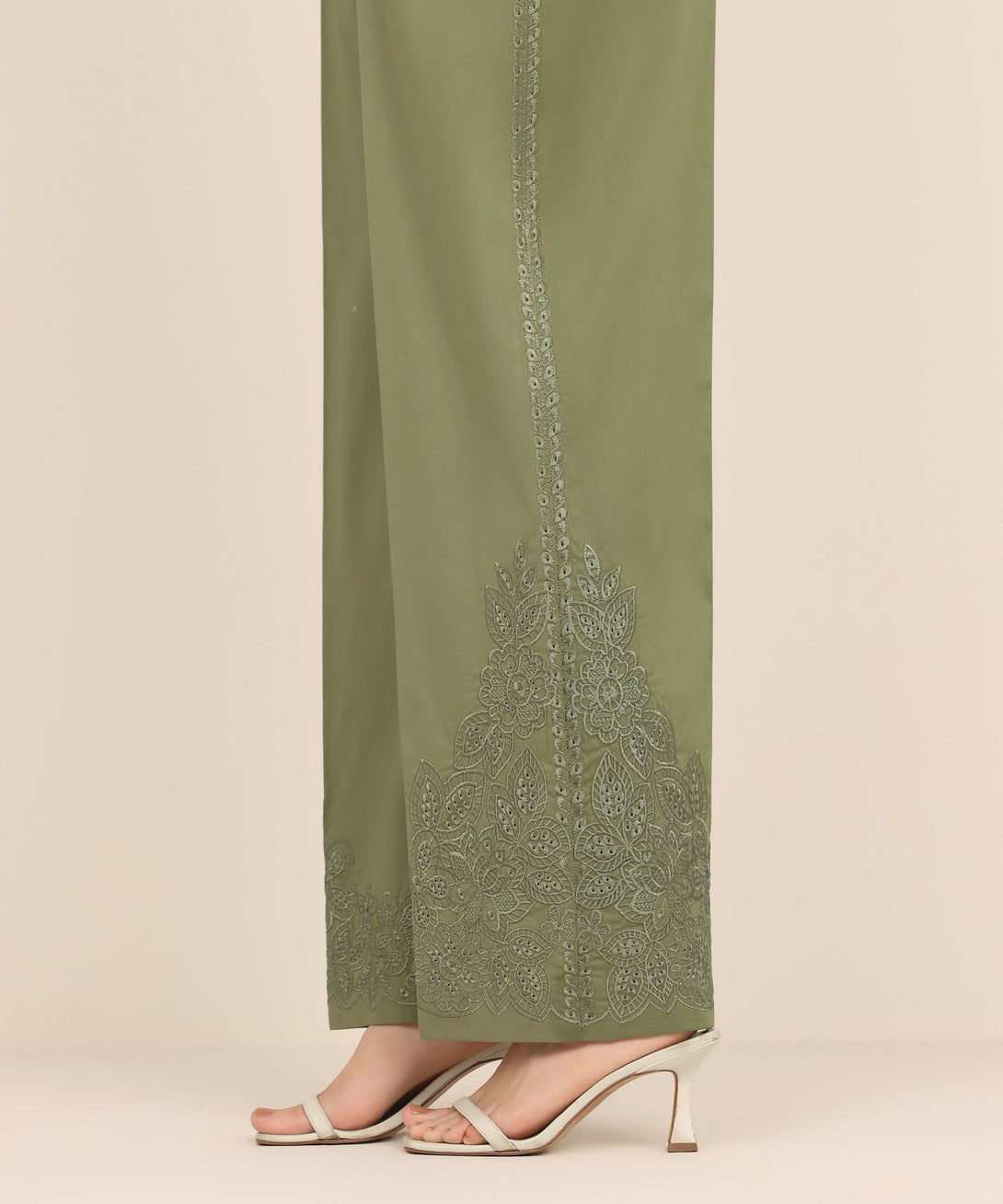 Women's RTW Cambric Green Embroidered Straight Pants