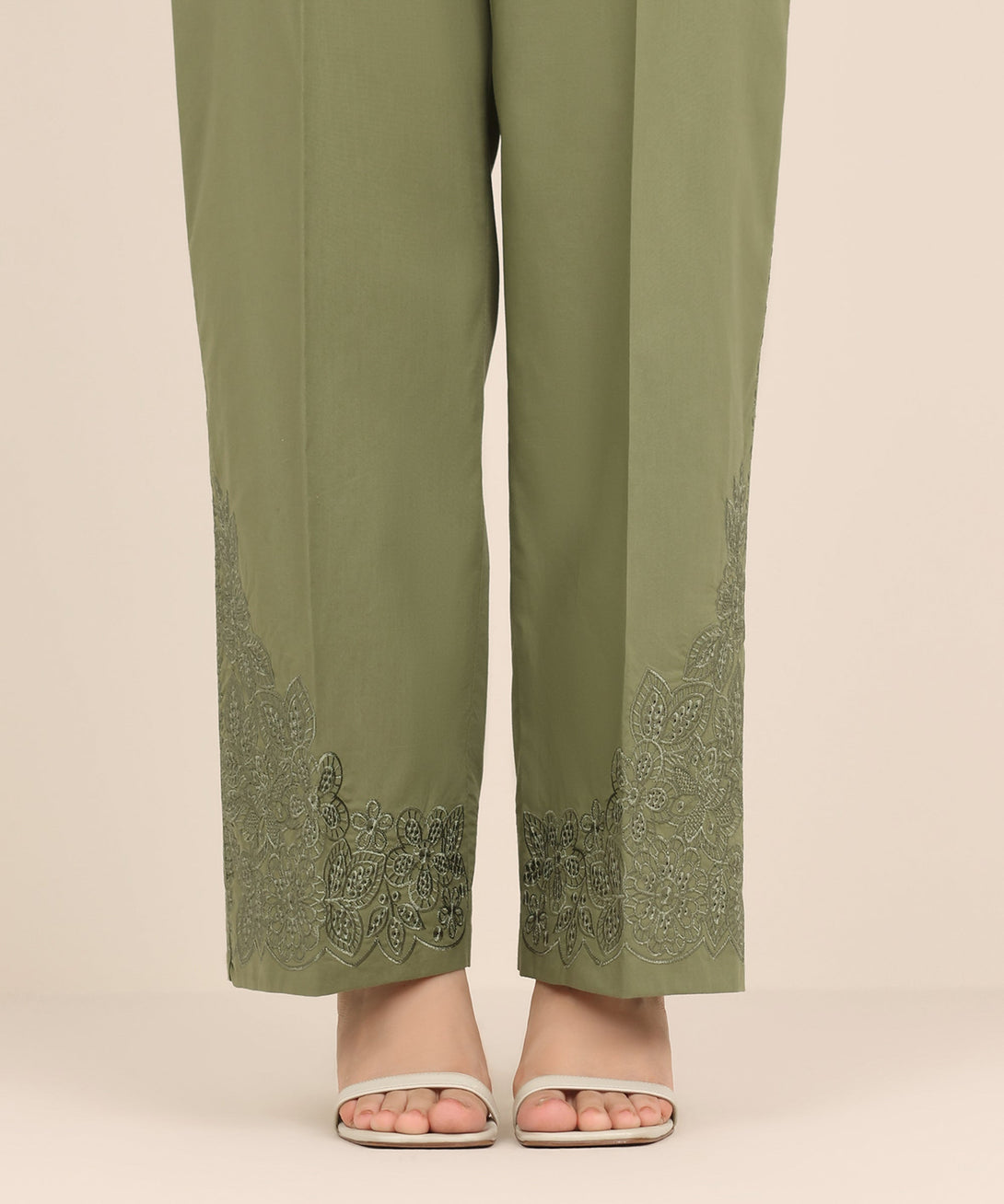 Women's RTW Cambric Green Embroidered Straight Pants
