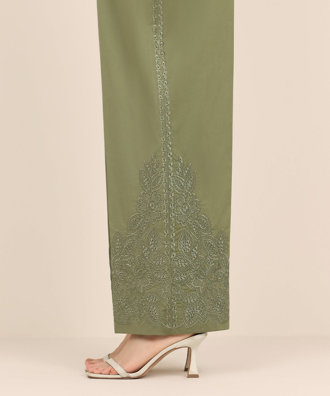 Women's RTW Cambric Green Embroidered Straight Pants
