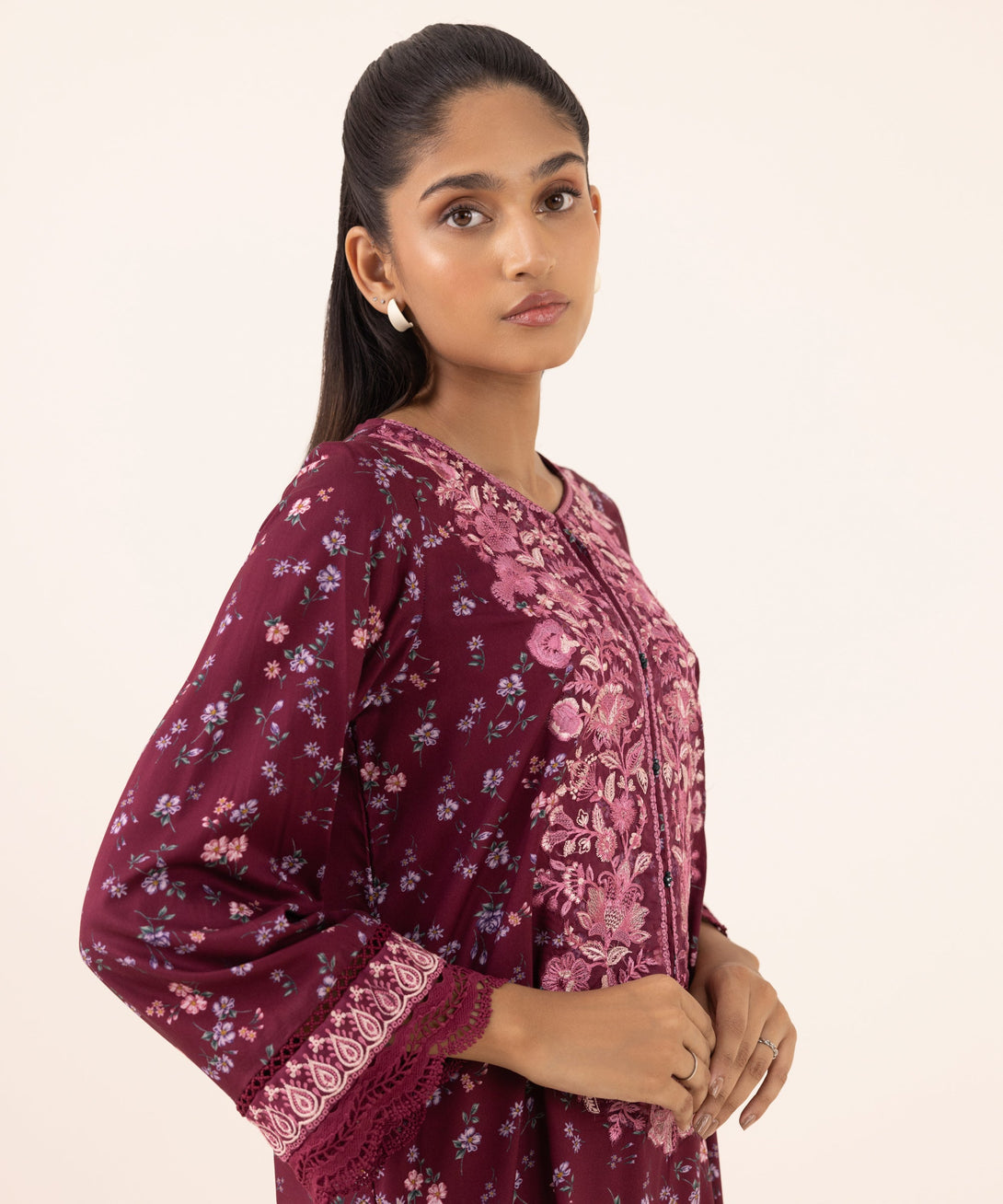 Women's RTW Arabic Lawn Purple Embroidered A-Line Shirt