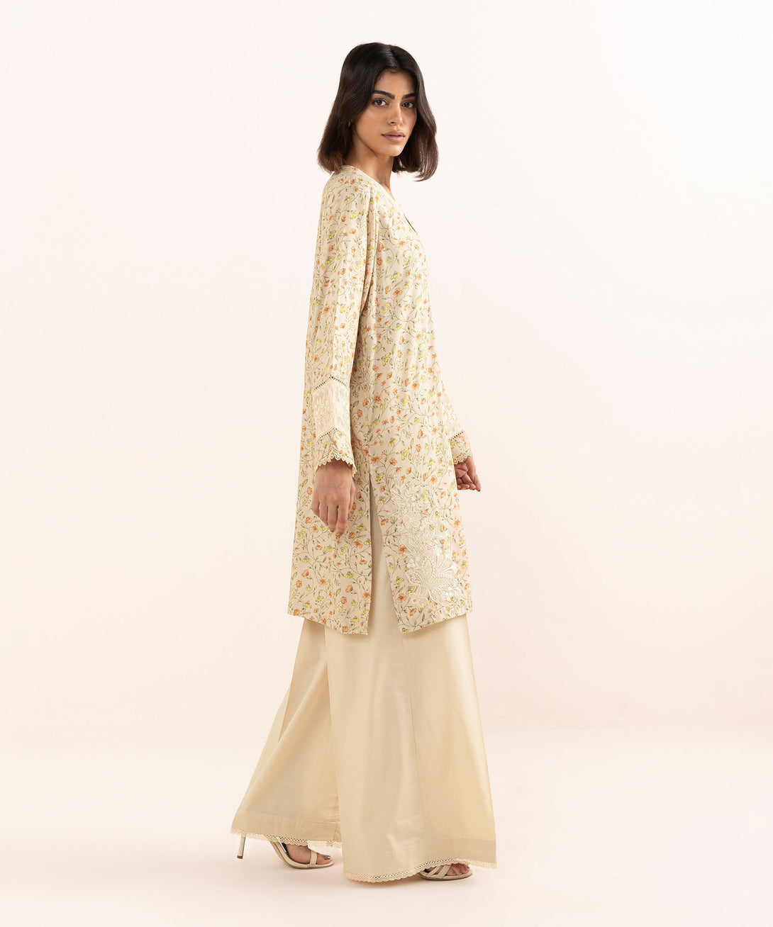 Women's RTW Arabic Lawn Beige Embroidered A-Line Shirt