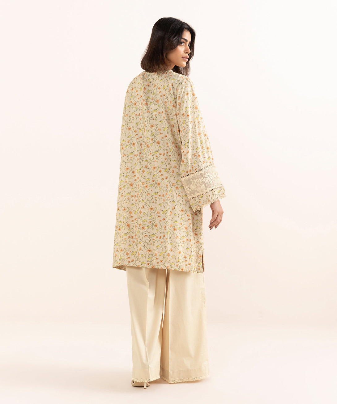 Women's RTW Arabic Lawn Beige Embroidered A-Line Shirt