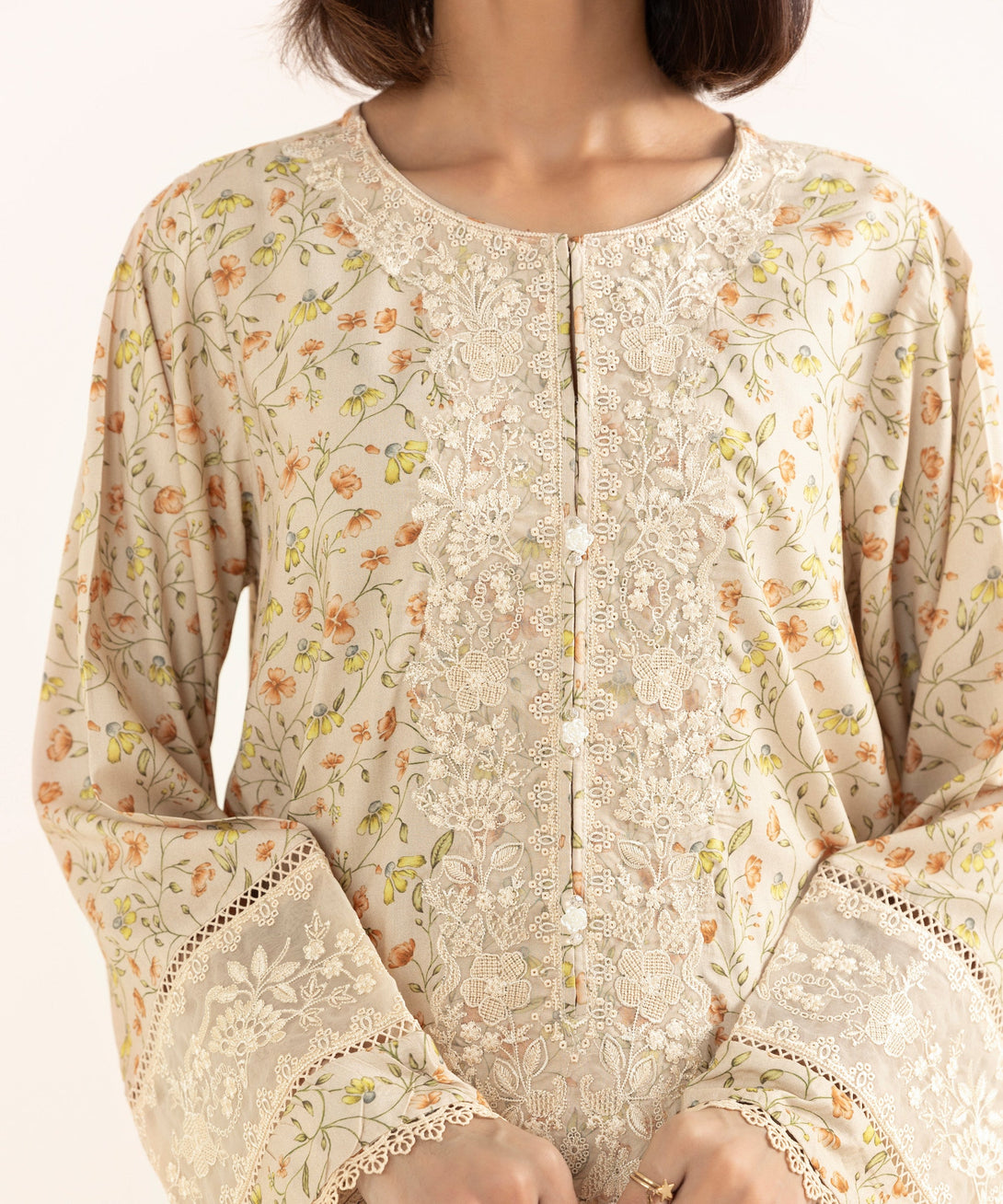 Women's RTW Arabic Lawn Beige Embroidered A-Line Shirt