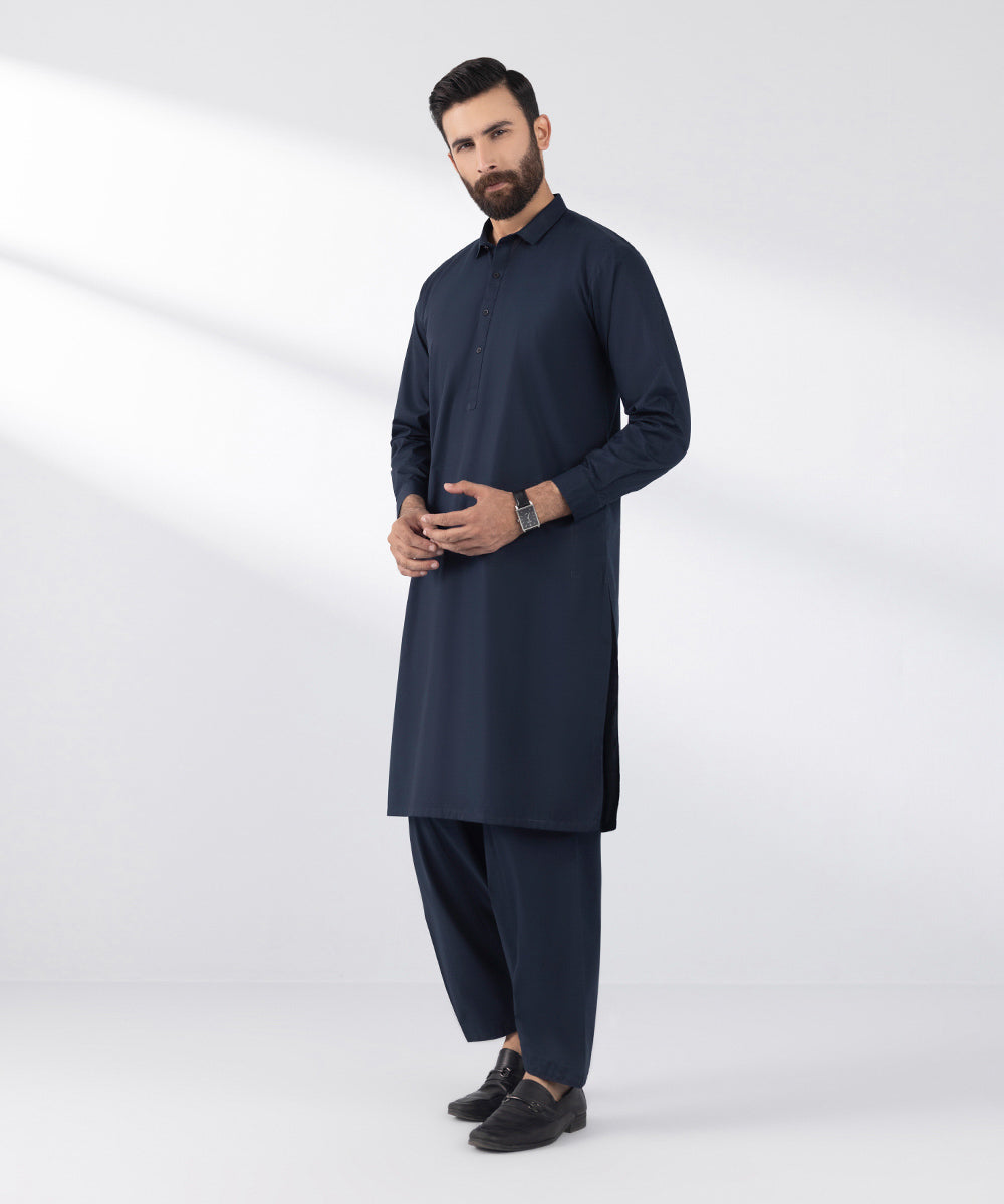 Men's Stitched 2 PC Blue Cotton Suit