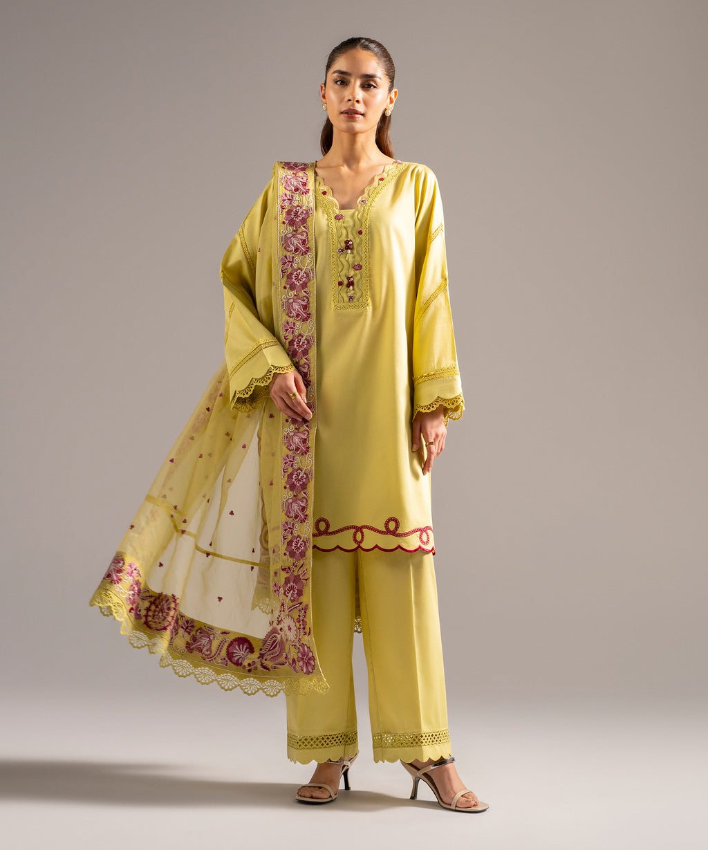 Blended Organza Embroidered Lime Yellow Dupatta