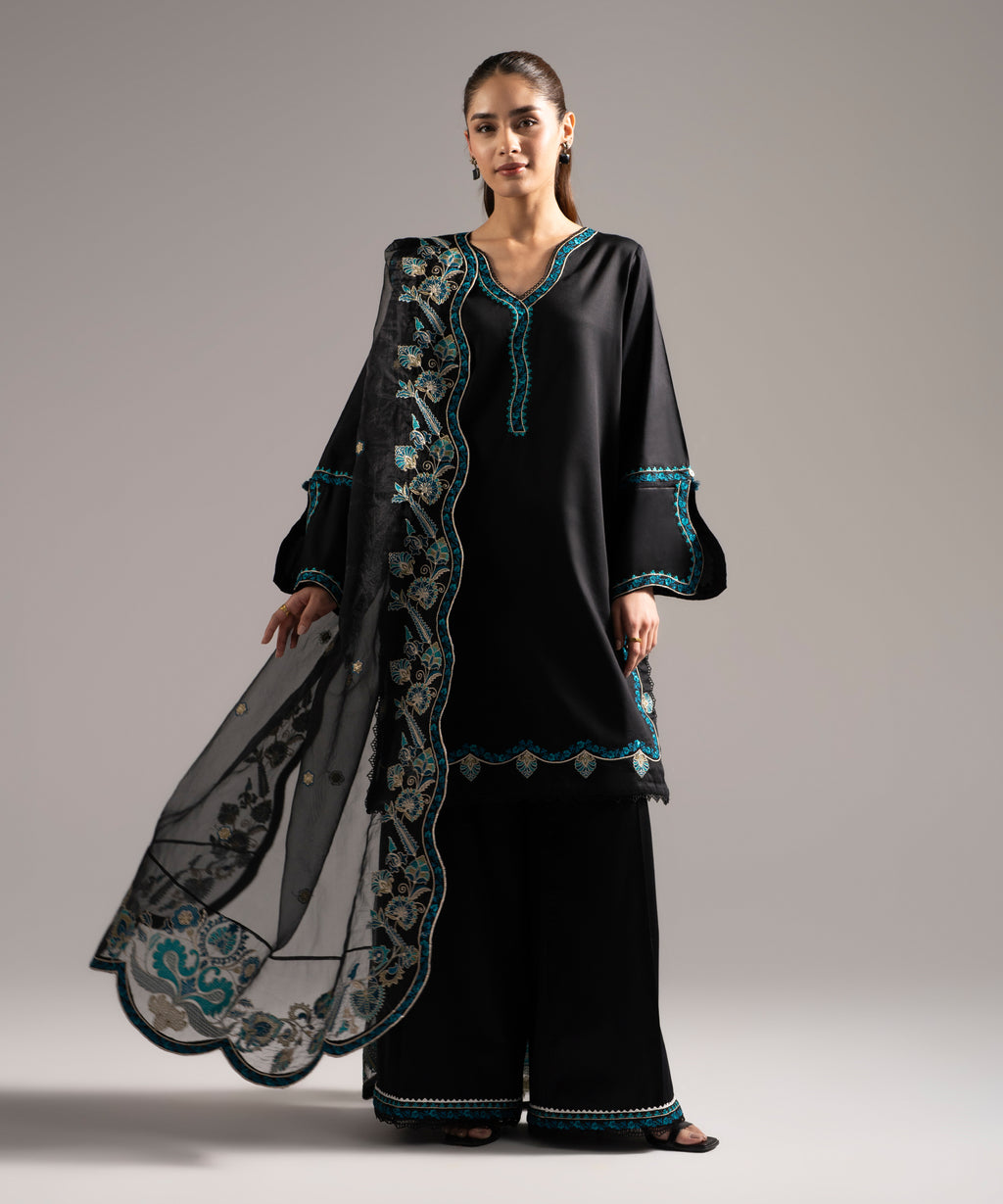 Blended Organza Embroidered Black Dupatta