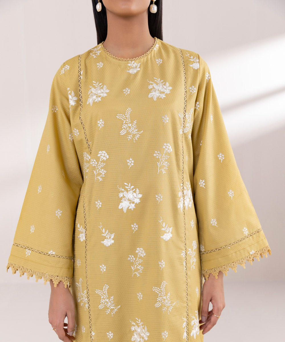 Women's Pret Dobby Embroidered Yellow A-Line Shirt