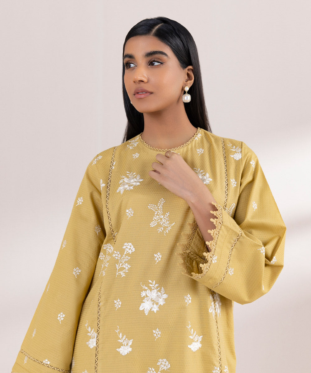 Women's Pret Dobby Embroidered Yellow A-Line Shirt