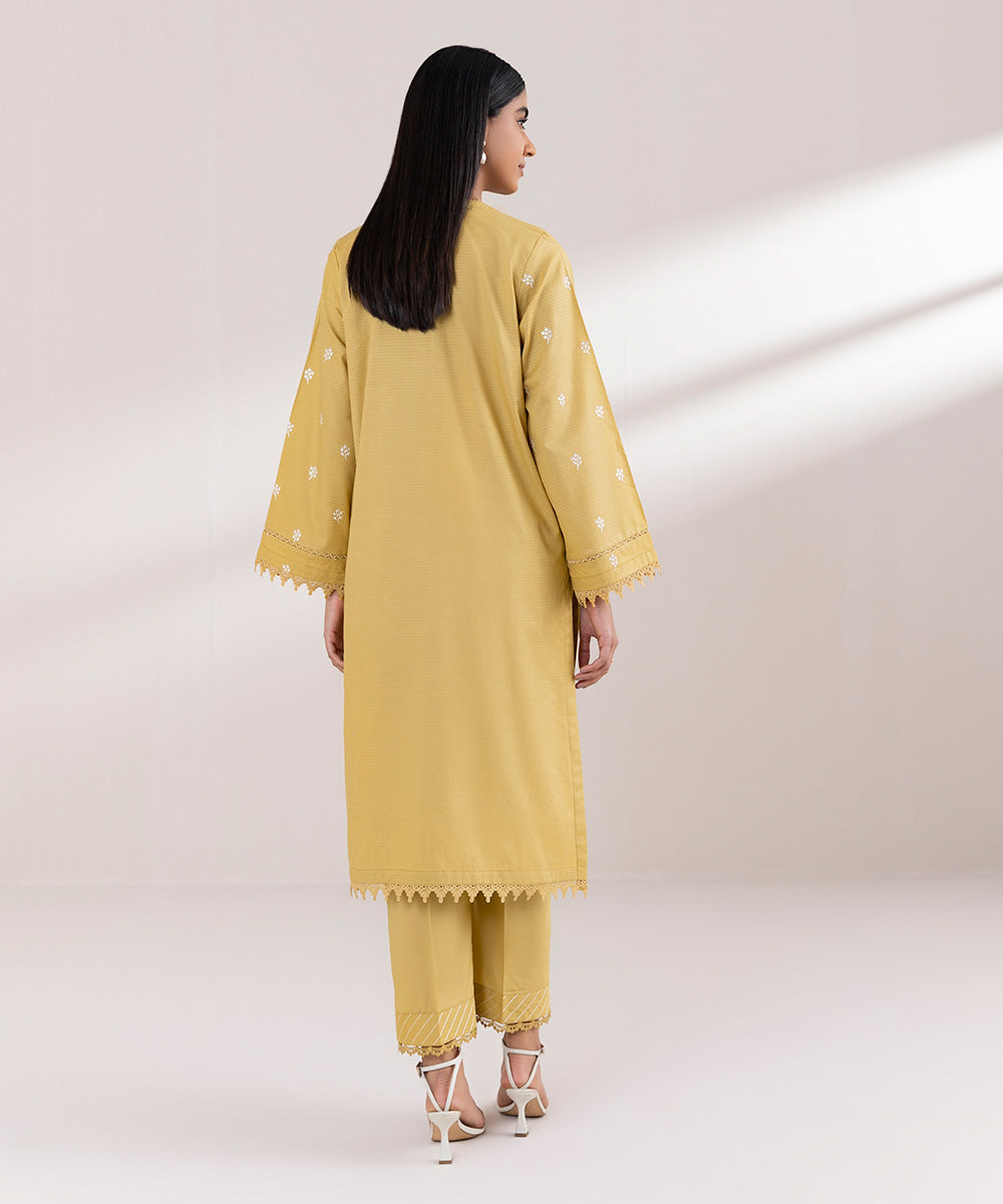 Women's Pret Dobby Embroidered Yellow A-Line Shirt