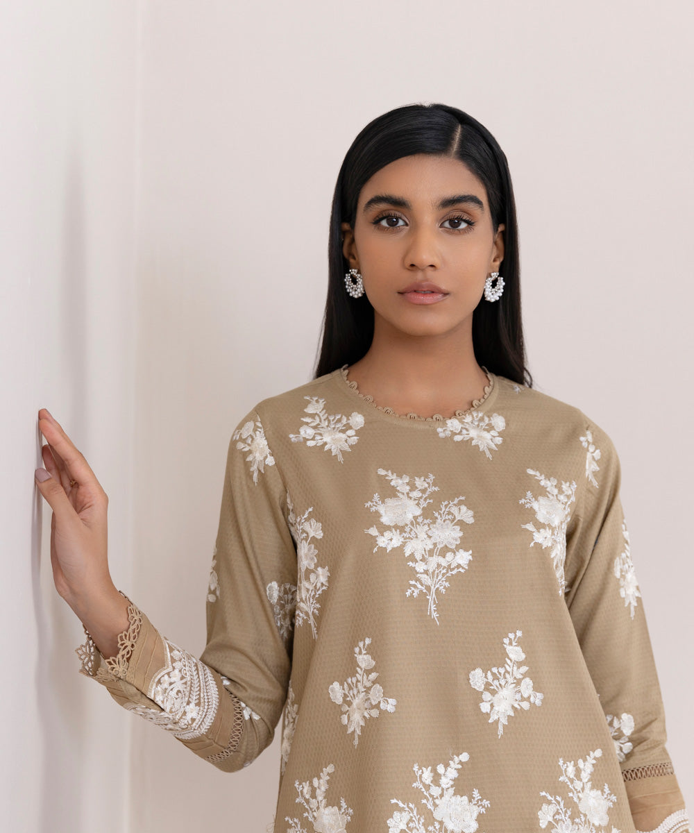 Women's Pret Dobby Embroidered Beige A-Line Shirt