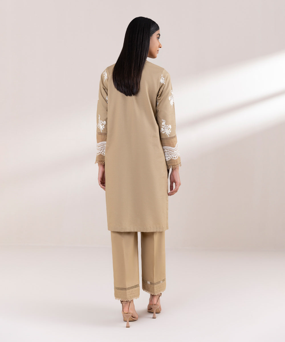 Women's Pret Dobby Embroidered Beige A-Line Shirt