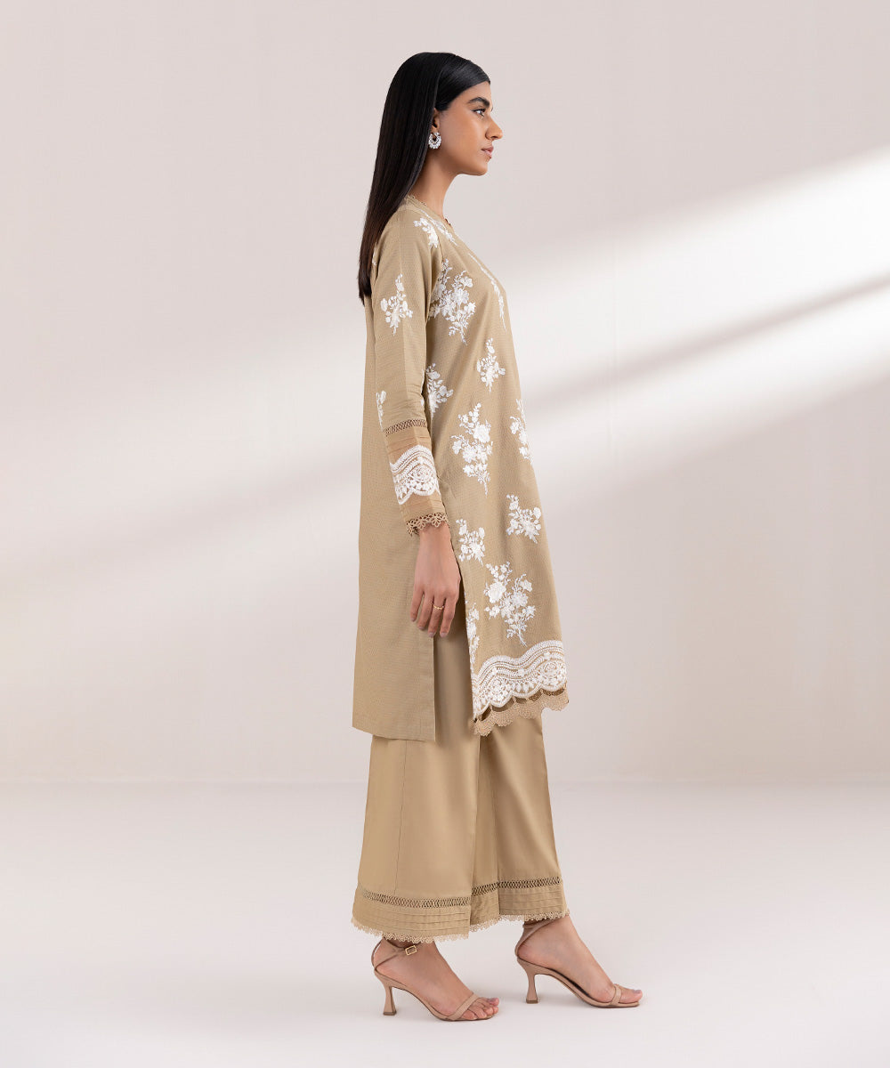 Women's Pret Dobby Embroidered Beige A-Line Shirt