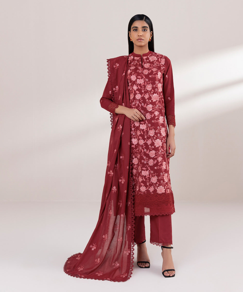 Fine Voile Red Embroidered Dupatta