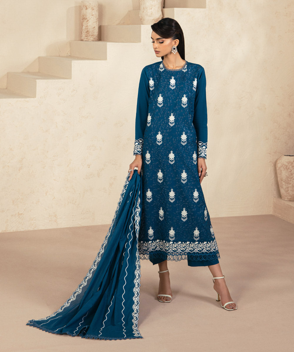 Fine Voile Blue Embroidered Dupatta